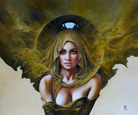 Popiersie kobiety z pióropuszem i aureolą w odcieniach zieleni i teksturą chmur burzowych. Centralnie nad głową nieduży prześwit błękitu nieba.