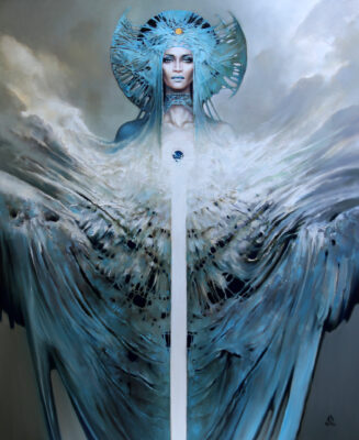 Personifikacja źródła, obraz z przewagą odcieni niebieskiego, przedstawia postać kobiety wkomponowaną w źródlany nurt.