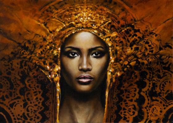 Obraz ten może symbolizować oczekiwanie na coś, co może zmienić nasze życie. Afroamerykanka patrzy w dal, jakby wyczekiwała na coś, co może przynieść jej szczęście, spełnienie marzeń lub po prostu lepsze jutro. Tkanina, która ją otacza, może reprezentować kulturę i tradycje, które są dla niej ważne i które pomagają jej przetrwać trudne chwile. Odcienie żółci i pomarańczy symbolizują nadzieję i optymizm, ale jednocześnie mogą odnosić się do ciepła i przyjemności, które Afroamerykanka może czerpać z życia, mimo trudności, z jakimi się zmaga. Ciemny ornament na tkaninie może reprezentować trudne chwile, które przeszła, ale jednocześnie może symbolizować siłę i wytrwałość, które pomagają jej przetrwać.