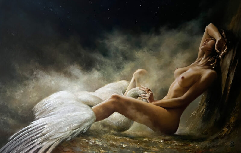 Nokturn z Łabędziem przedstawiający mitologiczną postać Ledę, która została uwiedziona przez Zeusa w postaci łabędzia, obraz ten emanuje tajemniczym urokiem i zmysłowością. W tej kompozycji artystycznej można dostrzec subtelne detale, które ukazują piękno i harmonię natury oraz ludzkiej formy. Światło gwiazd oświetlające zamgloną scenę dodaje mu magicznego blasku, podkreślając romantyczną atmosferę nocnego pejzażu. Dla miłośników sztuki i estetyki, ten obraz stanowi doskonałą inspirację do refleksji nad relacją między człowiekiem a naturą, oraz nad siłą emocji i pragnień. Jego głęboka symbolika zachęca do kontemplacji nad ludzkim losem i tajemnicami wszechświata.